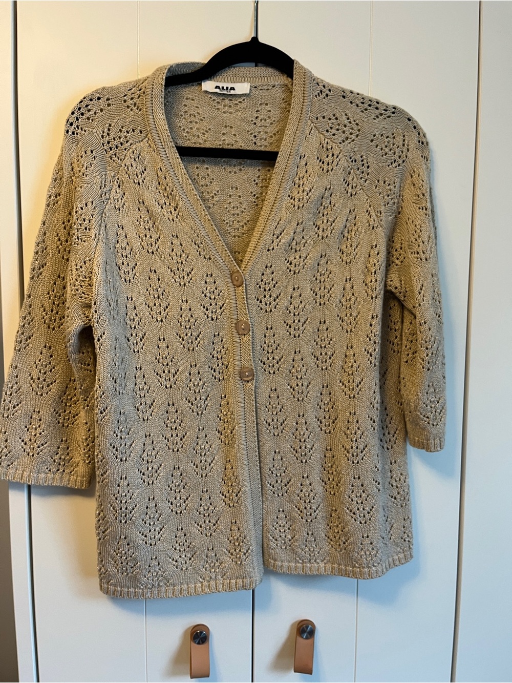 Alia Beige Openwork V‑Neck Button Cardigan